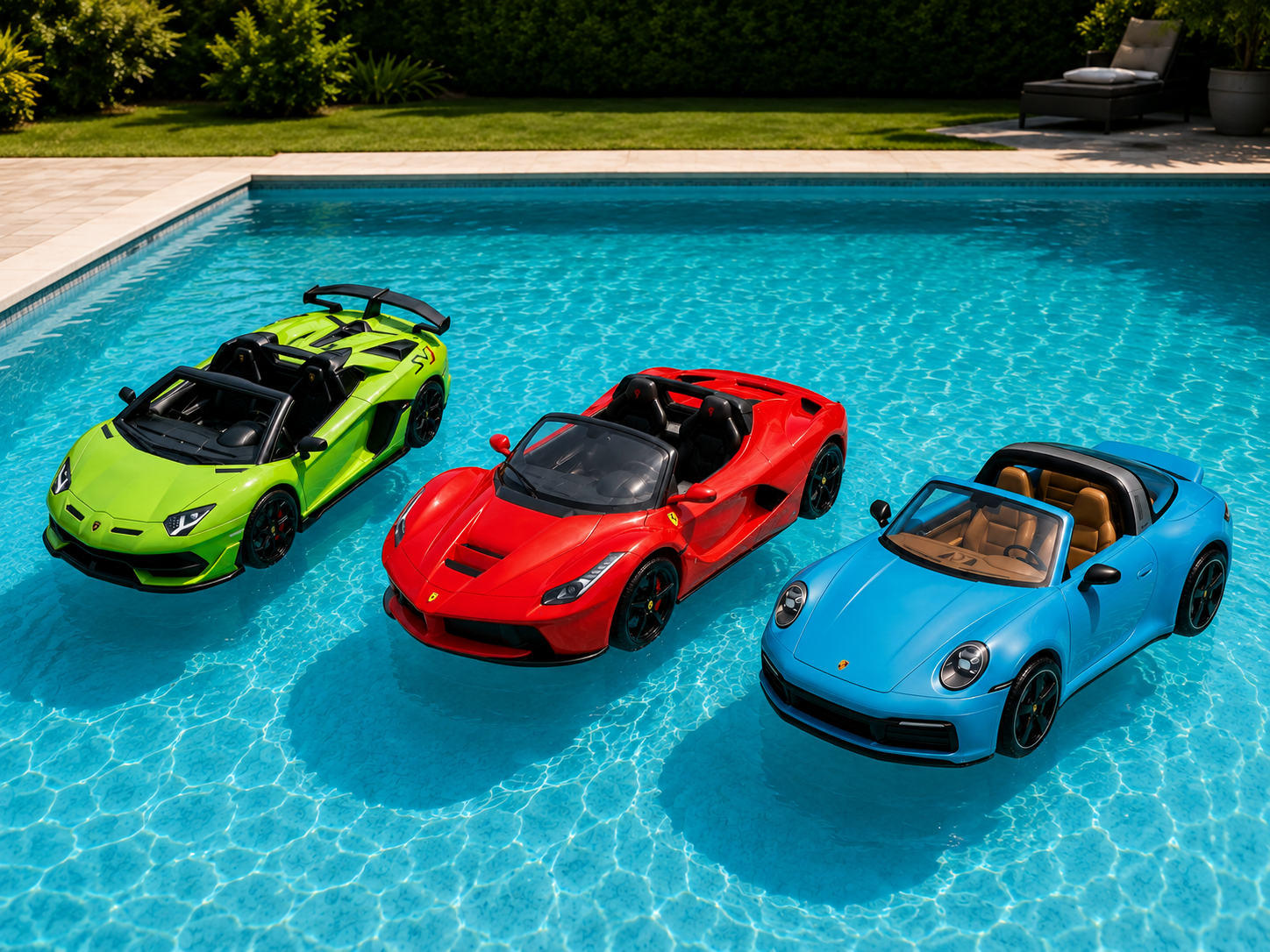 Lamborghini, Ferrari and Porsche SpeedSea inflatable supercars floating together in a pool