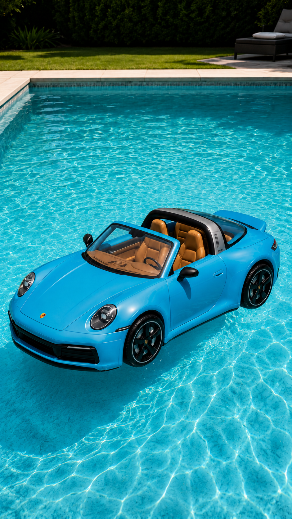 SpeedSea Porsche inflatable ride-on supercar floating in a pool