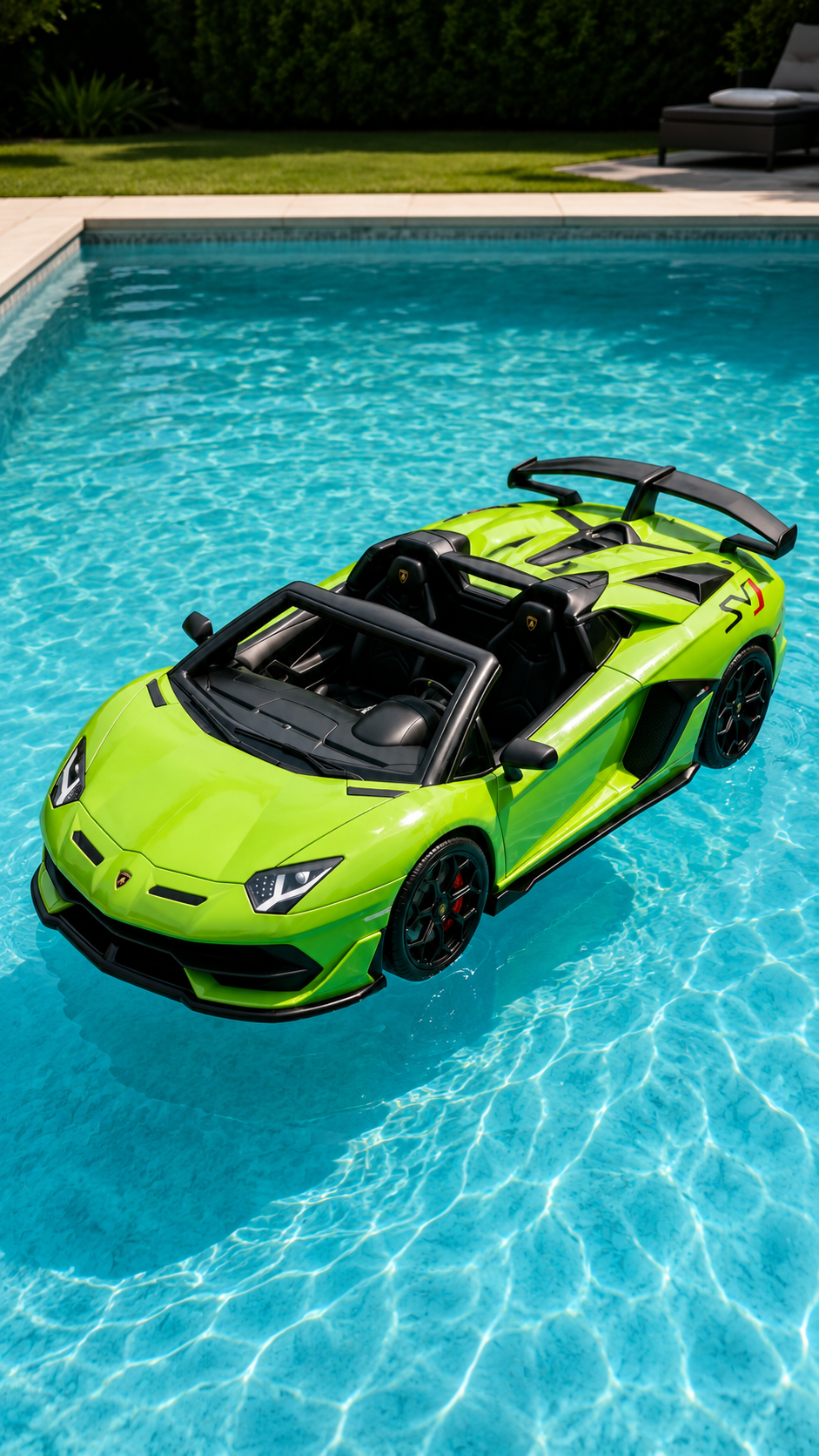 SpeedSea Lamborghini inflatable ride-on supercar floating in a pool