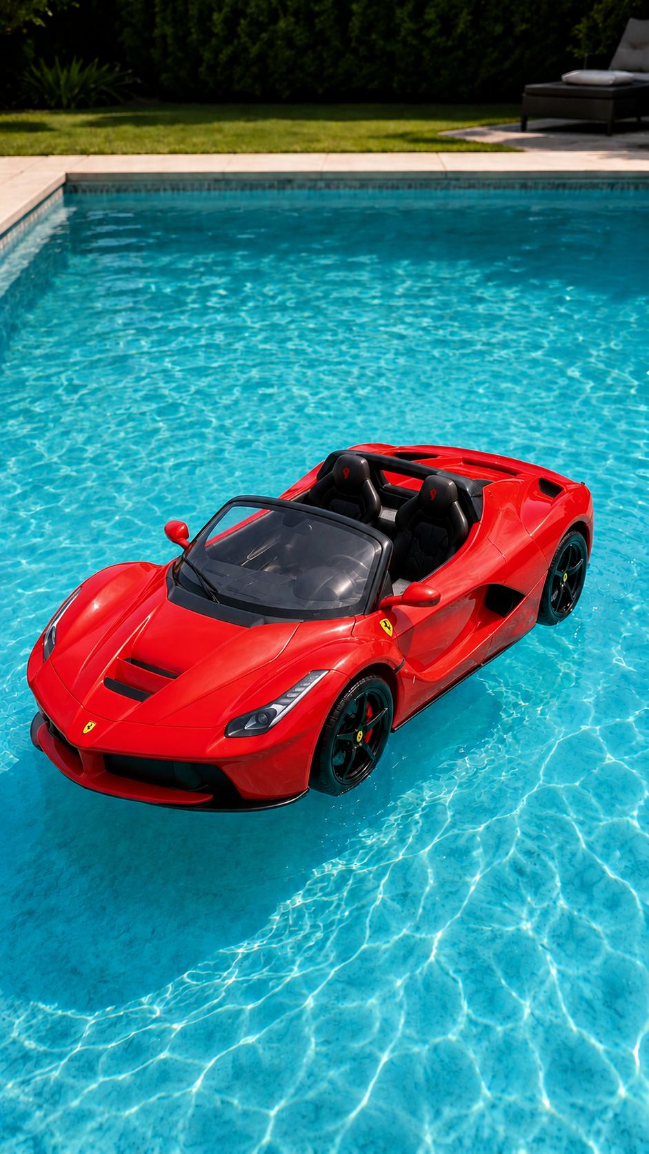 SpeedSea Ferrari inflatable ride-on supercar floating in a pool